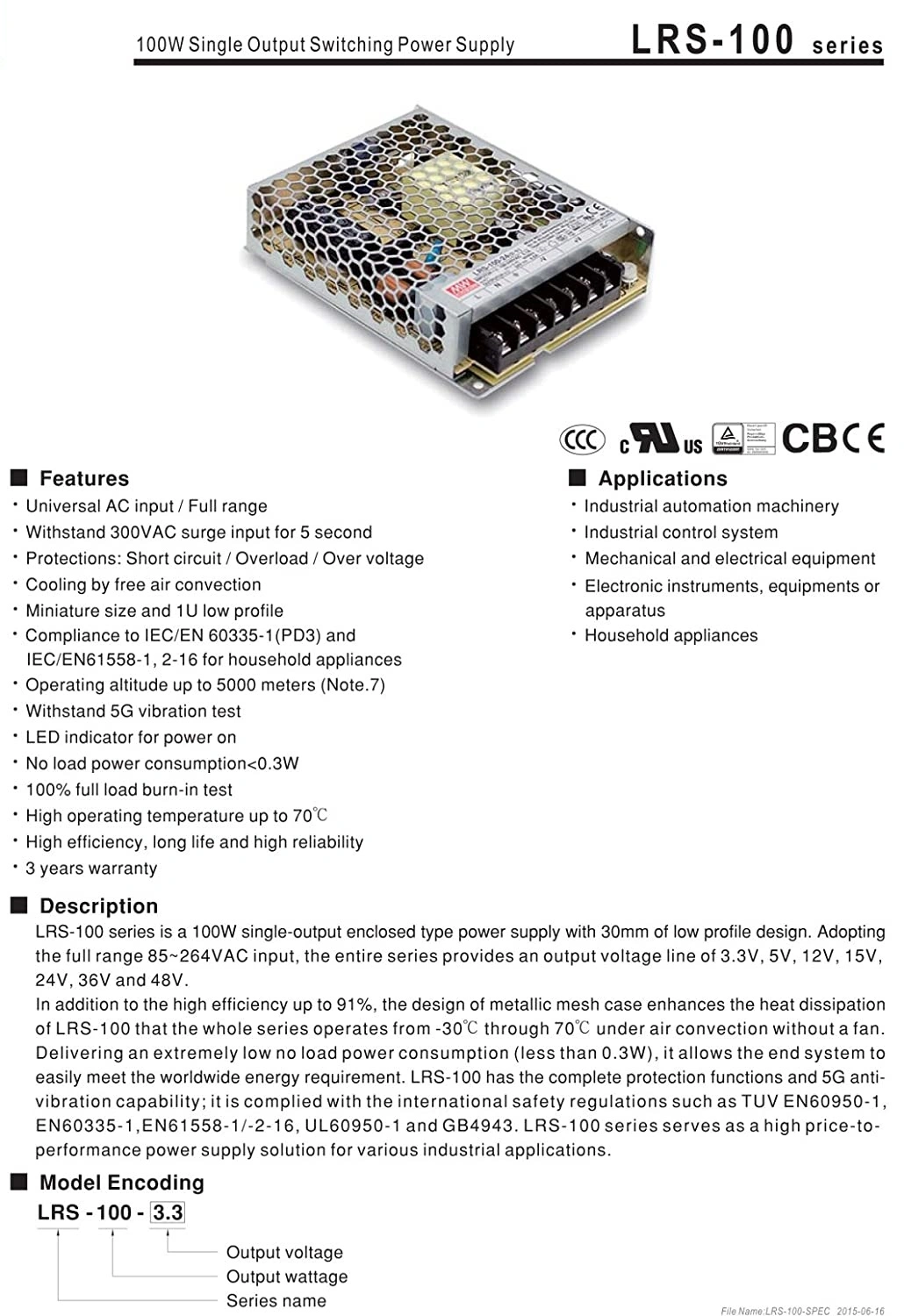 Lrs-100-24 200W 24VDC Regular Industrial Switch Mode Power Supply