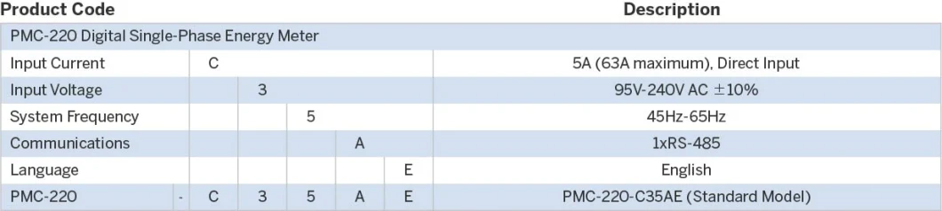 PMC-220 DIN Rail Class 0.5 Self-Powered Single-Phase 63A Direct Input Multifunction Meter for Energy Measurement with RS-485